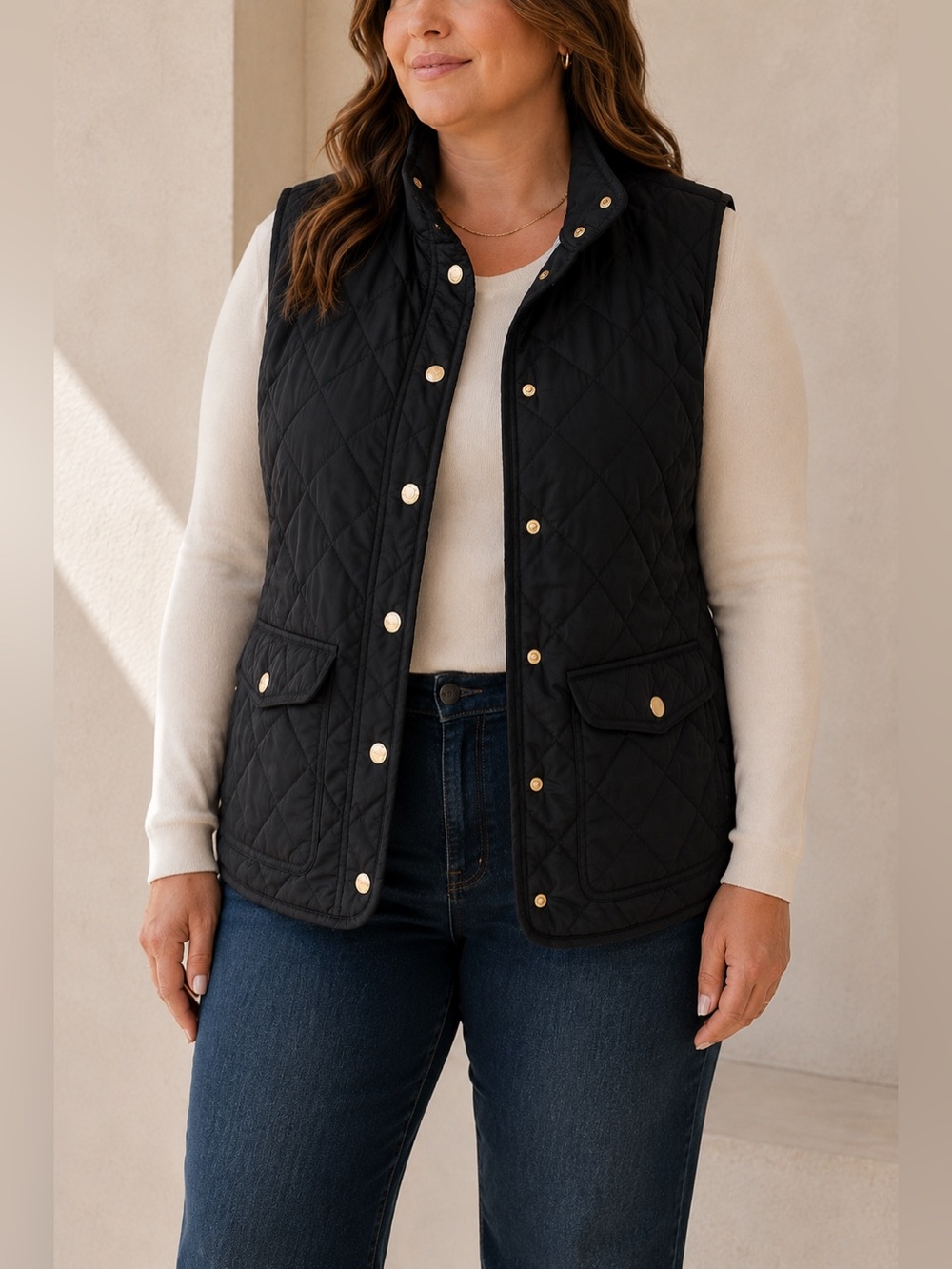 Adrienne Vittadini Black Quilted Puffer Vest Gold Hardware XL